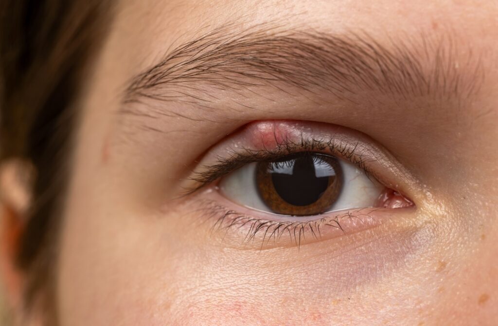 A close-up of an eye with redness and swelling on the upper eyelid, showing signs of blepharitis.