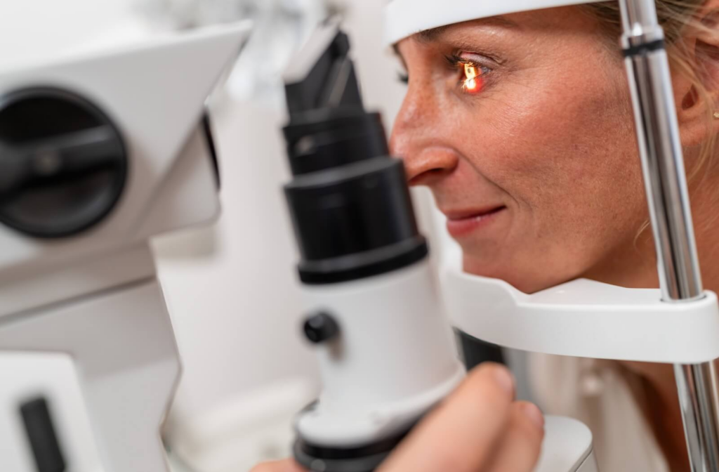 Person having a slit lamp exam, resting their chin on optometry equipment while a light shines into their eye.