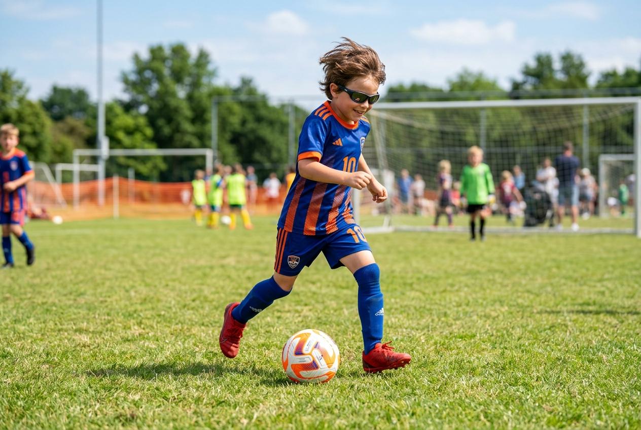 Kid wearing sunglasses outside while playing soccer