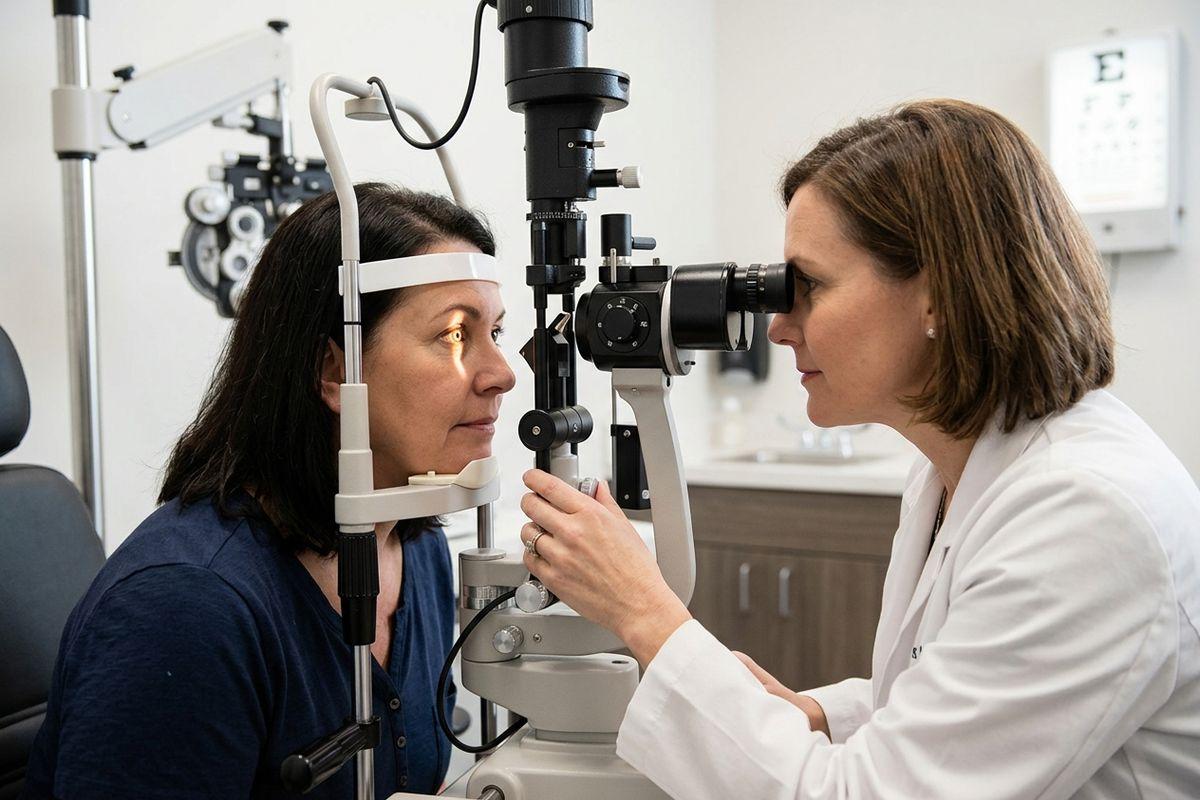 Optometrist examines a patient's eyes using a slit lamp in an exam room, with an eye chart on the wall in the background.