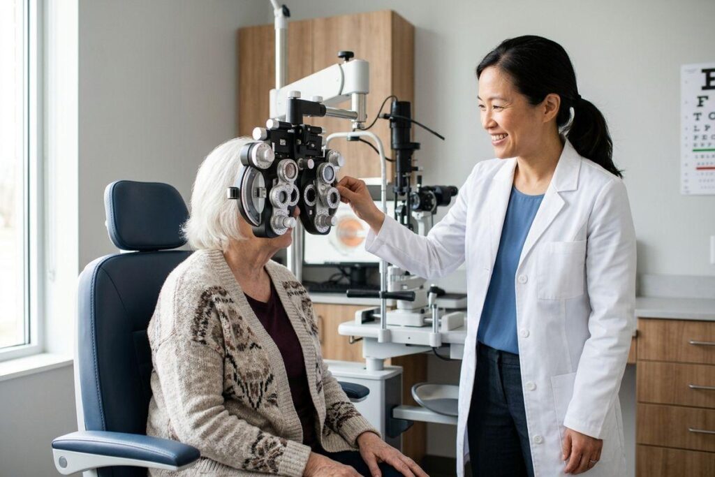 Smiling optometrist adjusting a phoropter for an older patient during an eye exam.