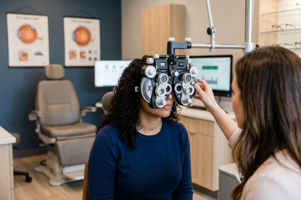 Optometrist adjusts a phoropter as a patient looks through it during an eye exam in a clinic.