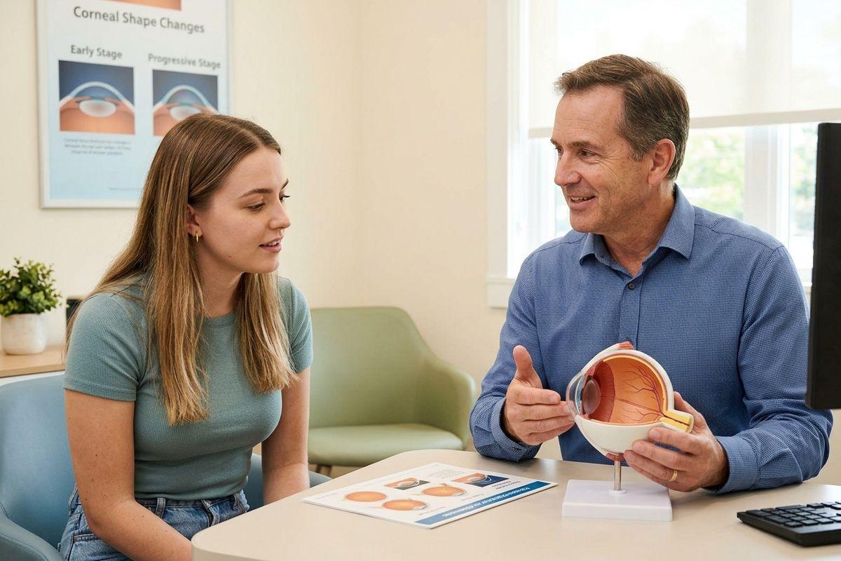 Optometrist holding an eye model and explaining to a patient at a desk with a diagram, near a corneal shape changes poster.