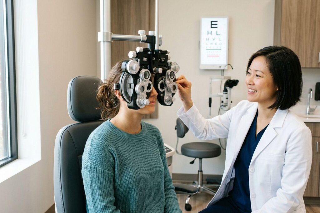 Optometrist adjusts a phoropter for a patient during an eye exam, smiling, with an eye chart on the wall.