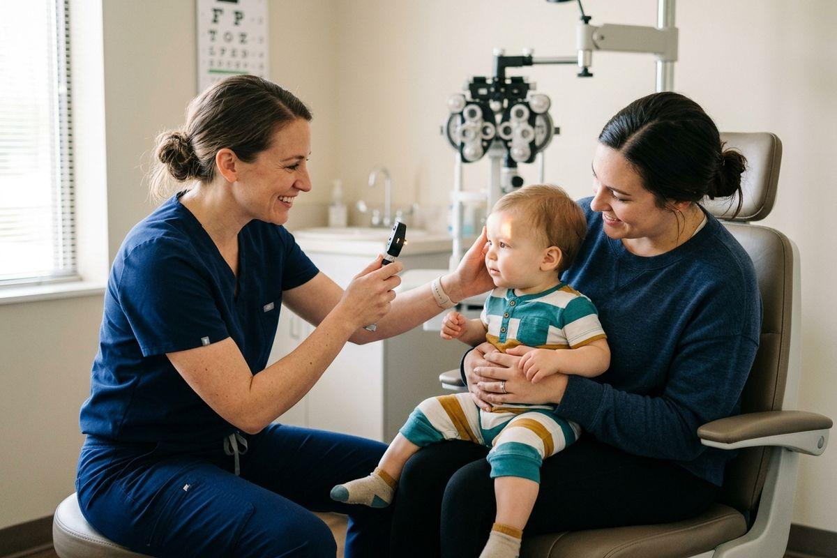 Optometrist examines a baby's eyes with a handheld light while the baby sits on an adult's lap in an exam room.