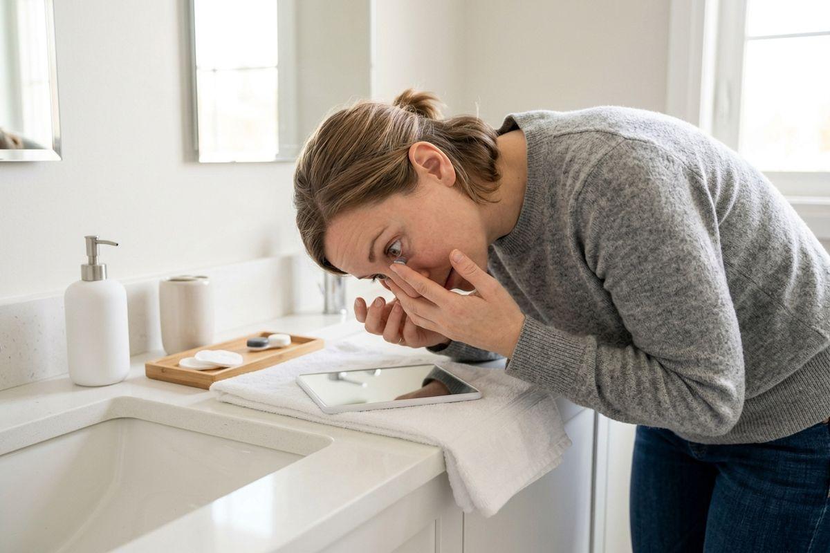 Adult leaning over a bathroom counter, inserting a contact lens while looking into a mirror lying flat on a towel.