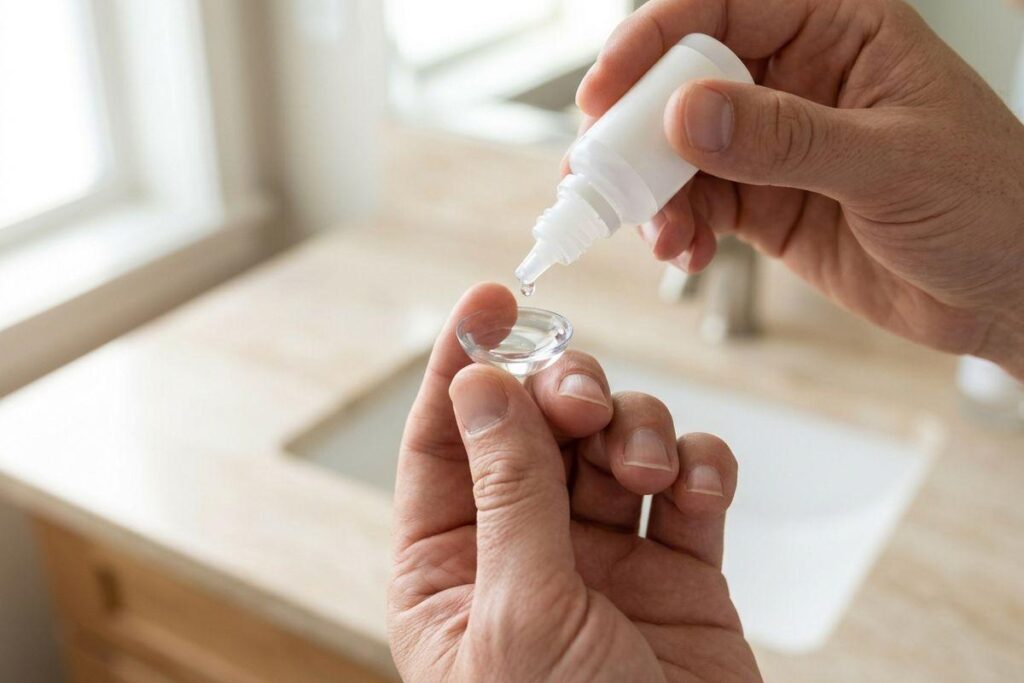 Close-up of hands applying solution from a white bottle onto a contact lens held on a fingertip, at a bathroom sink counter.