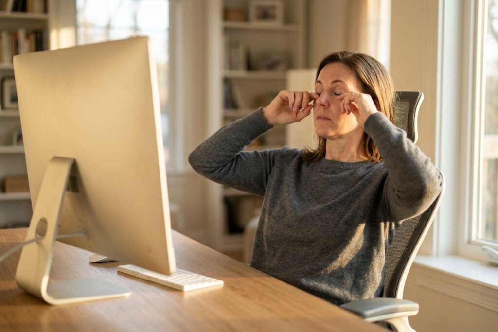 Adult in a gray sweater sits at a desk with a computer monitor and keyboard, rubbing both eyes with eyes closed in a sunlit home office.
